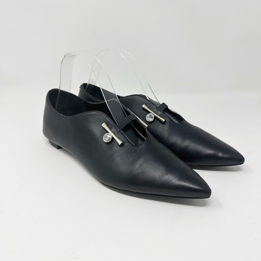NINE WEST Aboveall Black Flats Size 8 Pointed Toe Leather Oxford Ballet Crystal